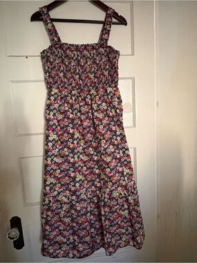 Gap Women’s Ditzy Floral Smocked Ruched Dress Medium Square Top Midi Cotton